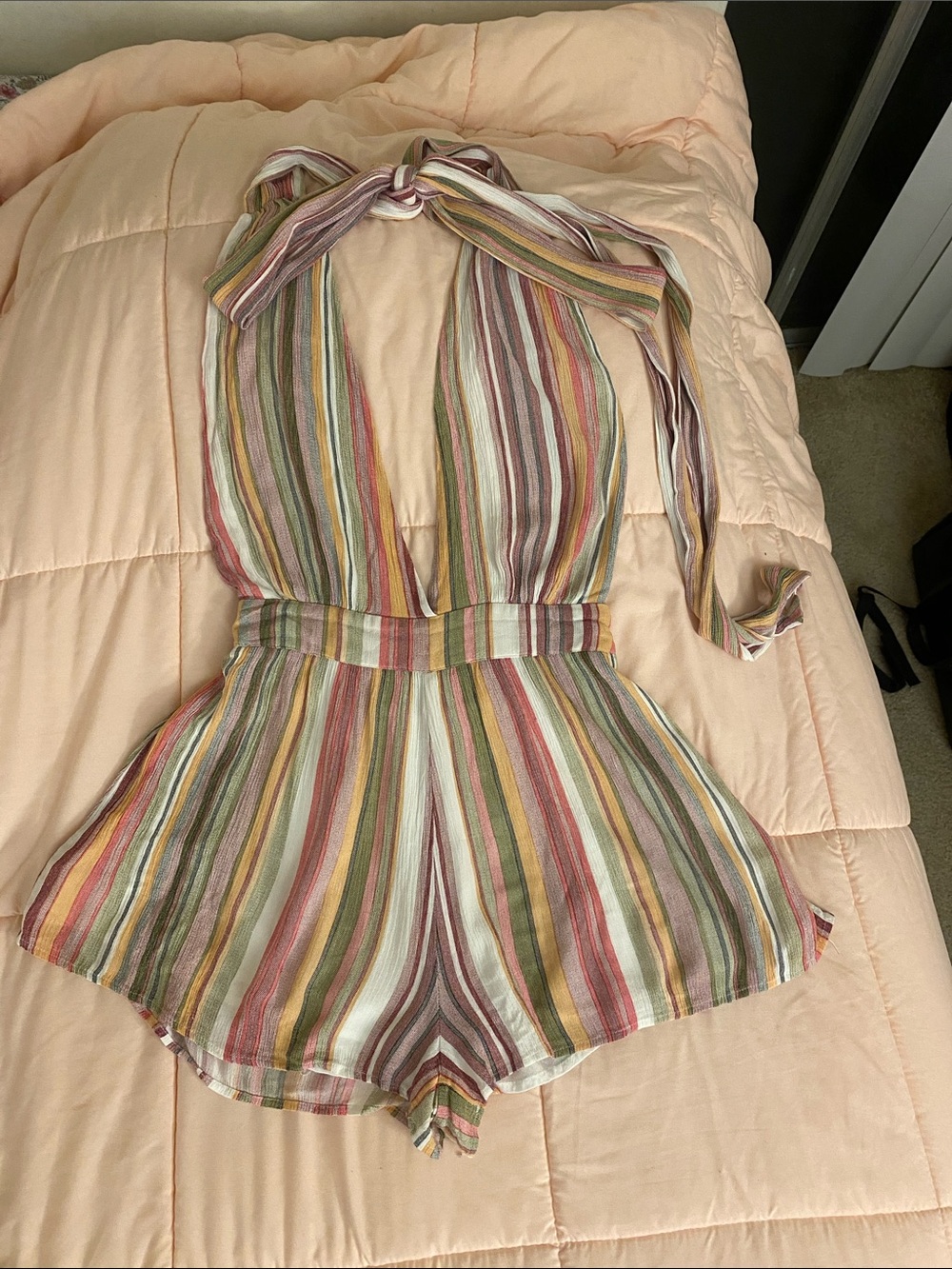 Striped Halter Tie-Back Romper in Pastel Multicolor